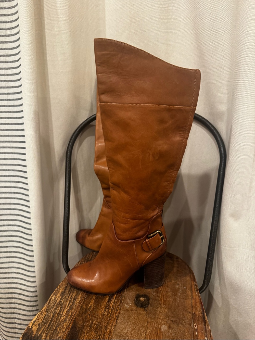 Vince Camuto Women’s 9.5 Cognac Leather Tall Boots Block Heel Buckle